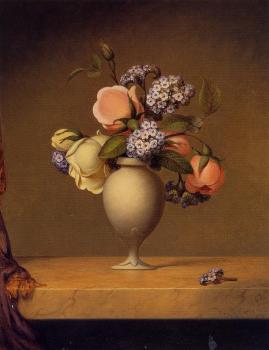 馬丁 約翰遜 赫德 Roses and Heliotrope in a Vase on a Marble Tabletop